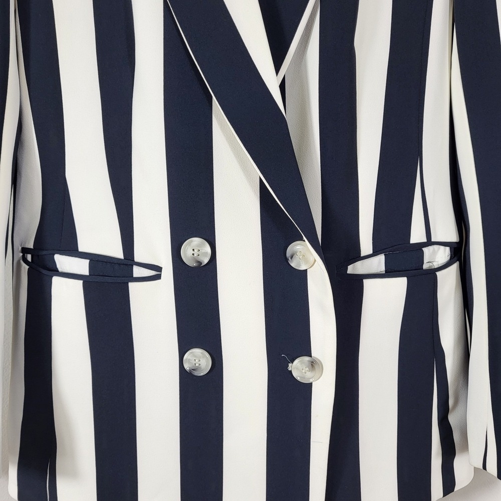 H&M Womens Navy Blue White Striped Double Breasted Blazer Jacket Size 8 Long - Picture 3 of 8